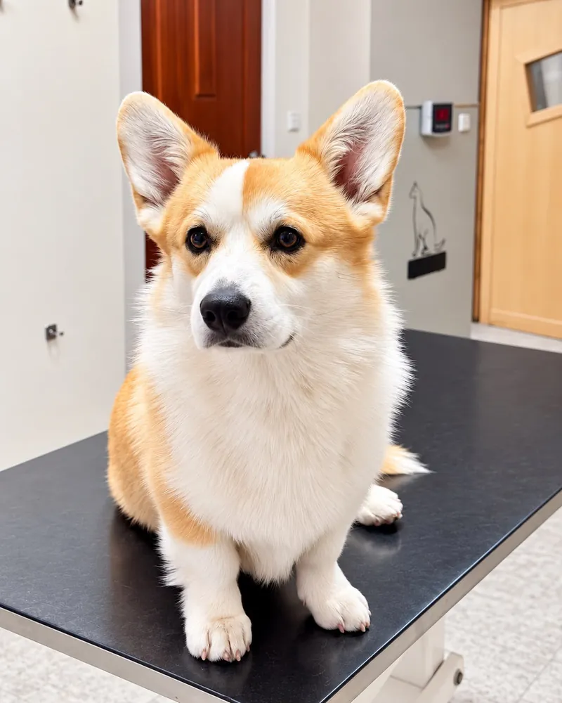 Welsh corgi sedí na černém vyšetřovacím stole; za ním jsou dveře s polepem zobrazujícím kočku a vyvolávací displej