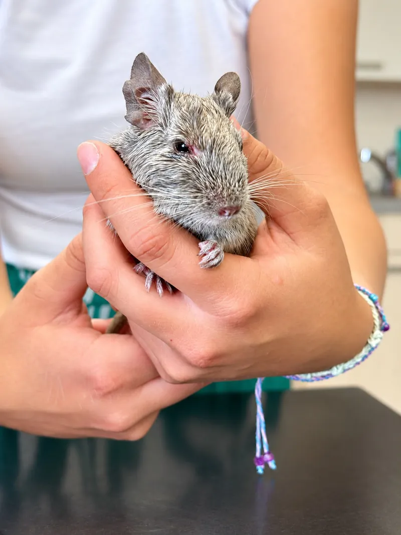 Osmák degu sedí v dlaních mladé ženy v bílém tričku