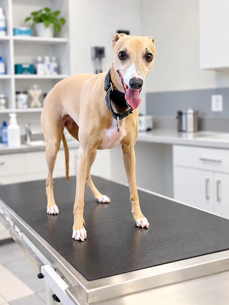 Whippet stojí na černém vyšetřovacím stole v bílé ordinaci