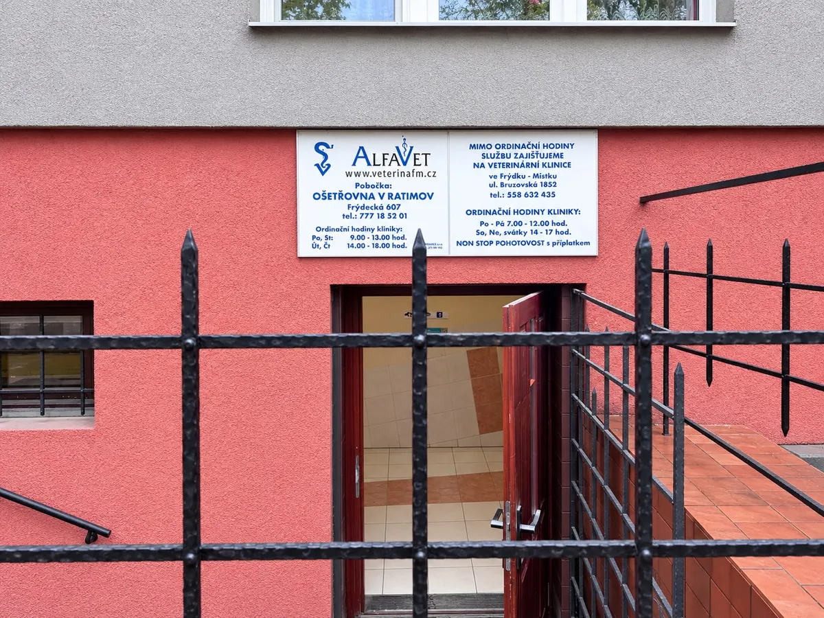 Detailní pohled přes plot na vstup do ošetřovny ve Vratimově s cedulí AlfaVet nad dveřmi
