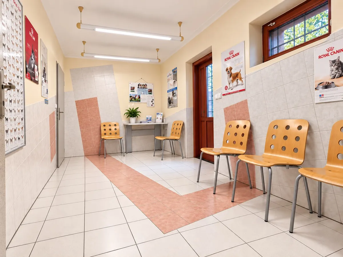 Čekárna ošetřovny ve Vratimově s dřevěnými židlemi, lososovým pruhem dlažby a plakáty